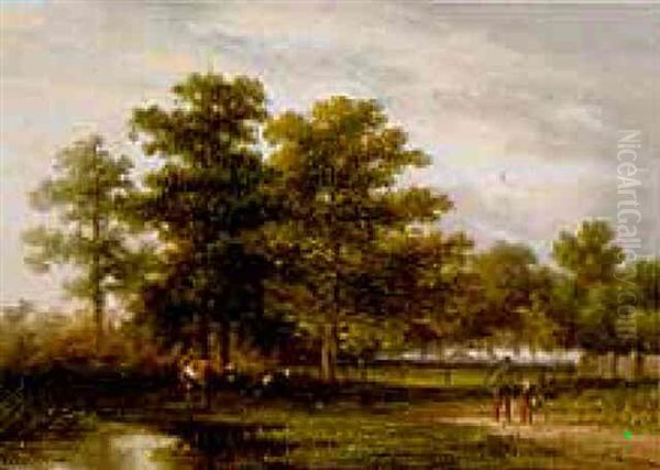 Figures With Cattle Beside A Pool Oil Painting by Jan Evert Morel the Younger