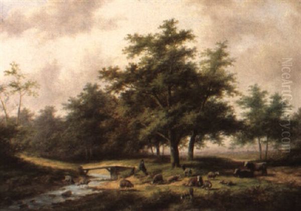 A Shepherd With His Flock In A Wooded Landscape Oil Painting by Jan Evert Morel the Younger