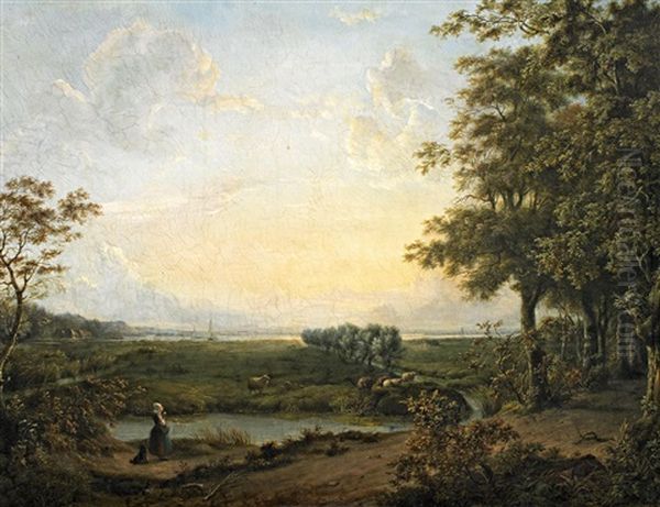 Weite Landschaft Im Abendlicht Mit Junger Hirtin Oil Painting by Casparus Johannes Morel