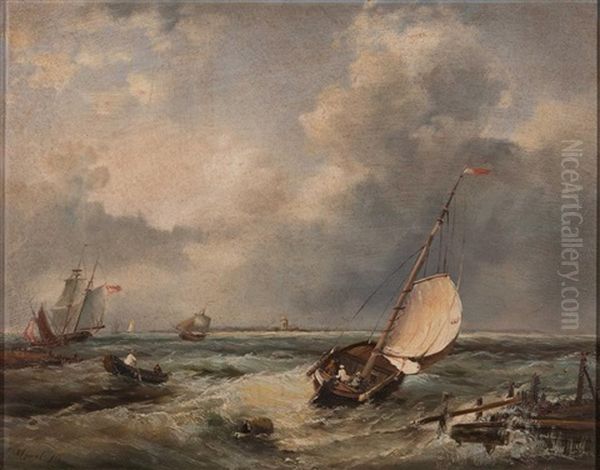 Ships At Sea Oil Painting by Casparus Johannes Morel