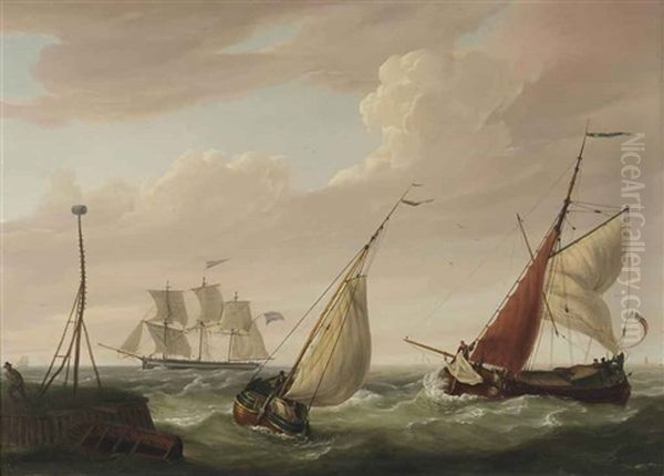 Sailing Vessels Near The Harbour Entrance Oil Painting by Casparus Johannes Morel