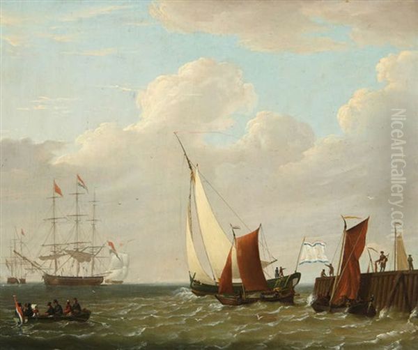 Trois-mats A L'ancre Et Bateaux De Peche Pres De L'estacade Animee De Personnages Oil Painting by Casparus Johannes Morel