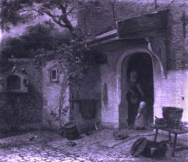 Mother And Child In A Courtyard Oil Painting by Casparus Johannes Morel