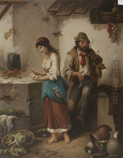 Peasant Woman And Pedlar By A Cottage (+ The Serenade; Pair) Oil Painting by Francois (Francesco Morelli) Morel