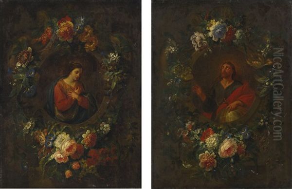 The Virgin Annunciate In A Carved Niche With A Floral Garland; Christ As Salvator Mundi In A Carved Niche With A Floral Garland Oil Painting by Jean-Baptiste Morel