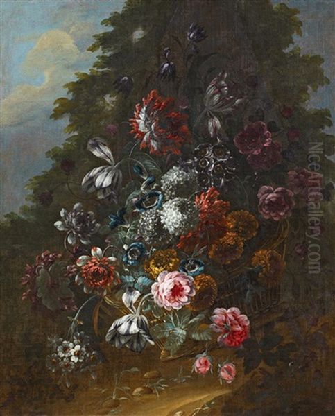 Groses Blumenstillleben In Einem Geflochtenen Korb Vor Landschaft Oil Painting by Jean-Baptiste Morel