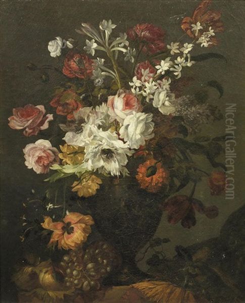 Roses, Narcissi, Carnations And Other Flowers In A Vase On A Stone Ledge With A Bunch Of Grapes Oil Painting by Jean-Baptiste Morel