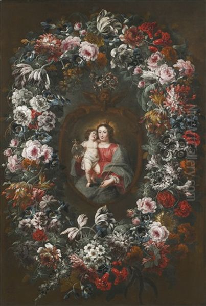 The Madonna And Child In A Floral Garland Oil Painting by Jean-Baptiste Morel