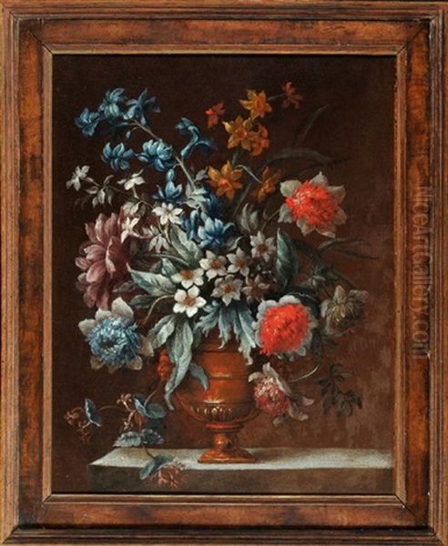 Blumenstraus In Vase Auf Steinsockel by Jean-Baptiste Morel