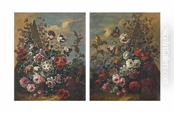 Roses, Parrot Tulips, Peonies, Daisies And Other Flowers Before A Sculpted Pyramid; Roses, Parrot Tulips, Peonies And Other Flowers Before A...(pair) Oil Painting by Jean-Baptiste Morel