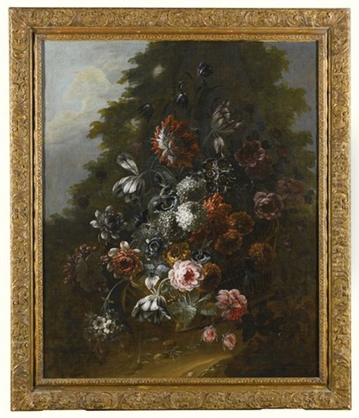 Still Life Of Flowers Including Variegated Tulips, Carnations Roses And Other Assorted Flowers Arranged In A Basket by Jean-Baptiste Morel