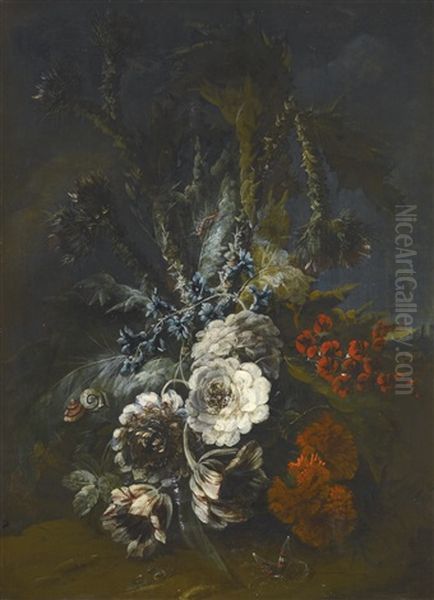 Still Lifes With Flowering Globe Artichokes, Variegated Tulips And Other Assorted Wild Flowers, With Snails Butterflies And Other Insects (pair) Oil Painting by Jean-Baptiste Morel