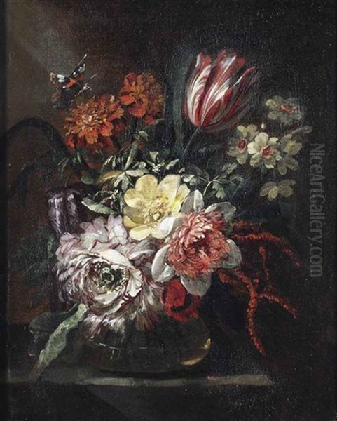 A Tulip, Roses, Daffodils And Other Flowers In A Glass Vase, A Butterfly Above, All On A Partially Draped Table Oil Painting by Jean-Baptiste Morel