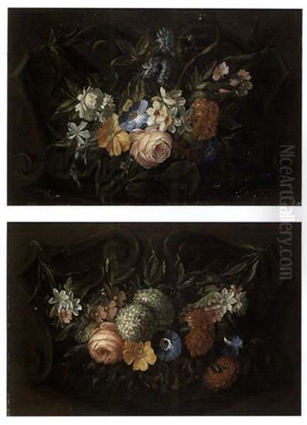 Bouquets De Fleurs (pair) Oil Painting by Jean-Baptiste Morel