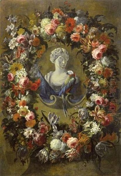 Buste De Femme Et Perroquet Dans Une Guirlande De Fleurs Oil Painting by Jean-Baptiste Morel