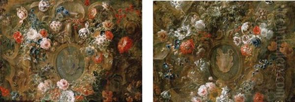 Roses, Tulips And Other Flowers Adorning A Cartouche (+ Another; Pair) Oil Painting by Jean-Baptiste Morel