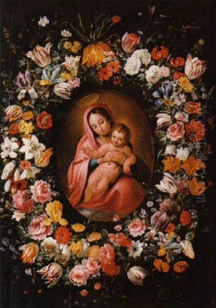 La Vierge Et L'enfant Entoures D'une Guirlande De Fleurs Oil Painting by Jean-Baptiste Morel