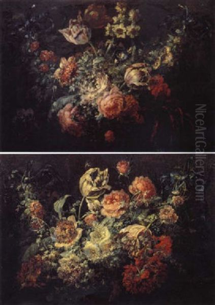 Guirlande De Fleurs Retenues Par Un Ruban Bleu Oil Painting by Jean-Baptiste Morel