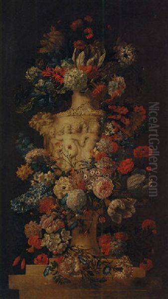 Roses, Hyacinths, Daffodils, Carnations And Other Flowers In A Sculpted Urn On A Stone Ledge Oil Painting by Jean-Baptiste Morel