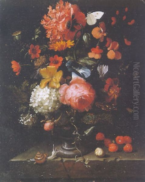 A Still Life Of Poppy, A Rose, A Crocus And Other Flowers In A Marble Vase Oil Painting by Jean-Baptiste Morel