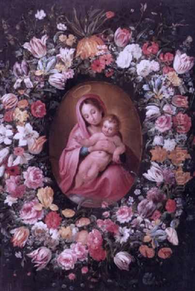 A Garland Of Tulips, Irises, Roses, A Crown Imperial And Other Flowers Surrounding The Madonna And Child by Jean-Baptiste Morel