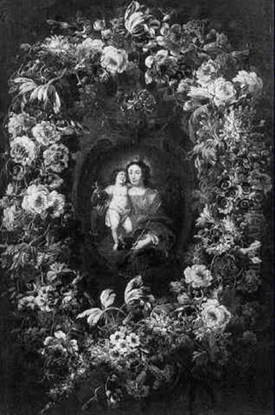 The Madonna And Child Within A Garland Surround Of Flowers Oil Painting by Jean-Baptiste Morel