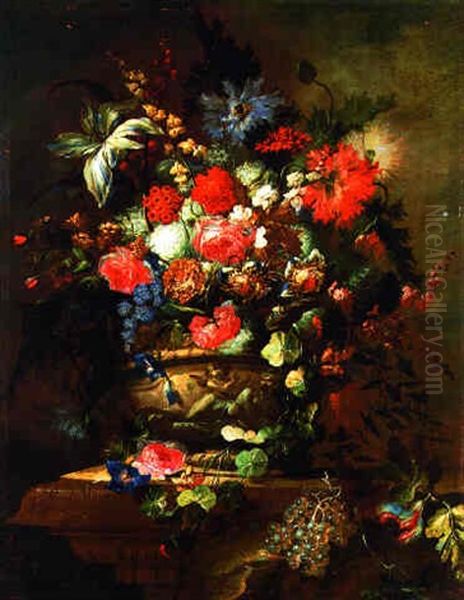 Roses, Peonies, Carnations, Morning Glory And Other Flowers In A Sculpted Urn With Grapes On A Ledge Oil Painting by Jean-Baptiste Morel