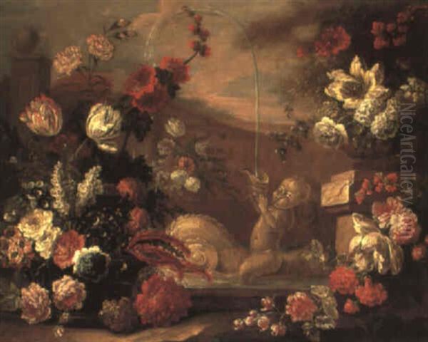 Still Life With Flowers In A Basket In A Parkland With A Fountain Oil Painting by Jean-Baptiste Morel