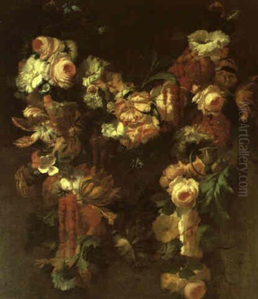 Garland Of Tulips And Other Flowers Hanging From Brass Rings Oil Painting by Jean-Baptiste Morel