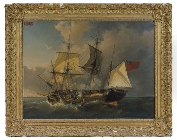 Prise A L'abordage Du Transport Anglais Les Deux-jumeaux Par L'heureuse-tonton, Dans La Baltique, En 1813 Oil Painting by Antoine Leon Morel-Fatio