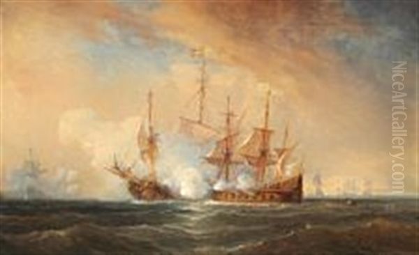 The Maltese Fleet In A Naval Battle Oil Painting by Antoine Leon Morel-Fatio