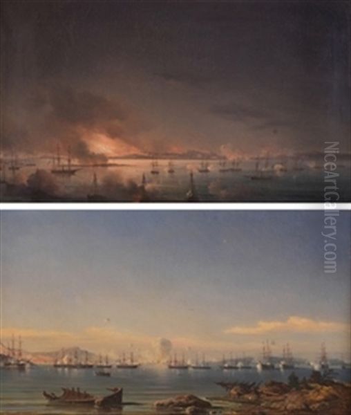 Dos Escenas Del Bombardeo De Bormarsund (pair) Oil Painting by Antoine Leon Morel-Fatio