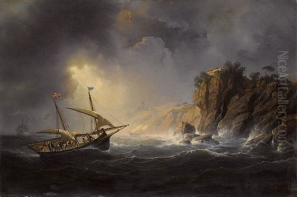 Segelschiffe Bei Sturmischer See Vor Einer Steilkuste Oil Painting by Antoine Leon Morel-Fatio