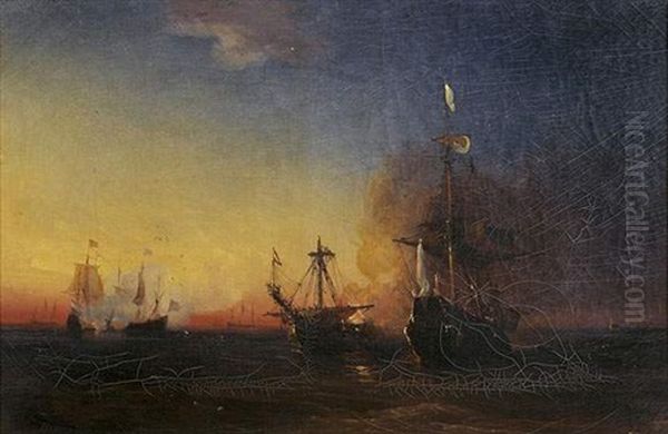 Combat Naval Oil Painting by Antoine Leon Morel-Fatio