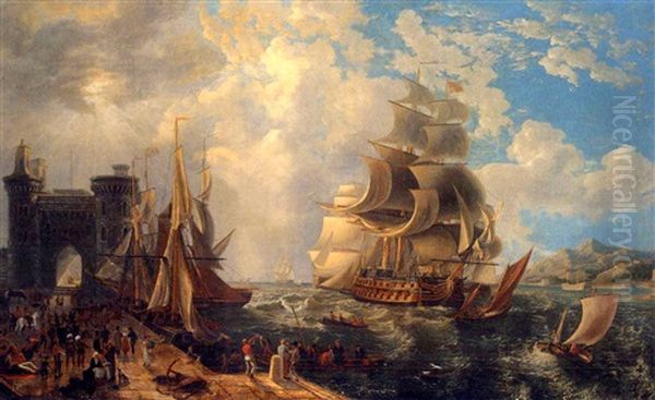 A Squadron Of Warships Of The Royal Navy Coming Into Port, Possibly On The Black Sea, With English Soldiers On The Quayside Oil Painting by Antoine Leon Morel-Fatio