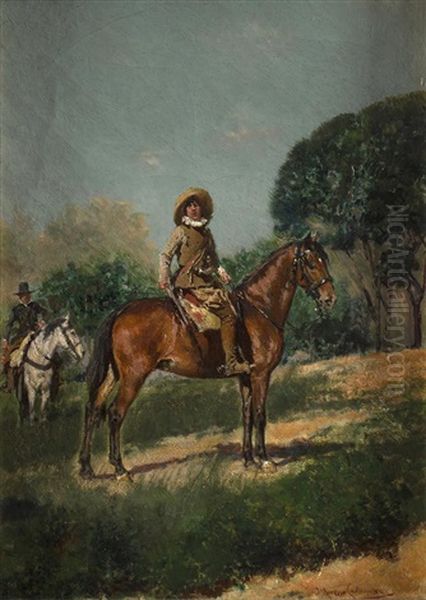 Montero A Caballo Con Guarda Detras Oil Painting by Jose Moreno Carbonero