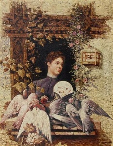 Dama De Las Palomas (lady Of The Doves) Oil Painting by Jose Moreno Carbonero