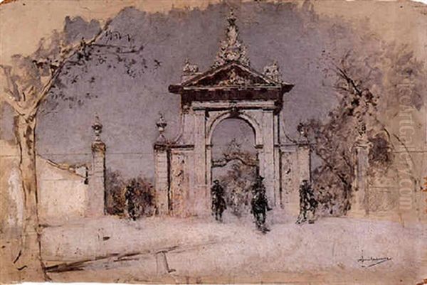 Puerta De Hierro De Madrid Con Guardias De Caballeria Oil Painting by Jose Moreno Carbonero