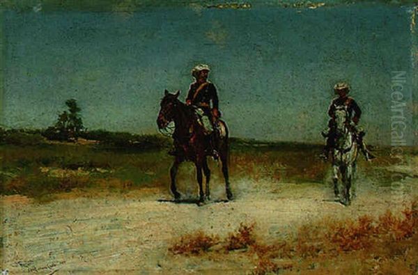 Two Soldiers In A Landscape Oil Painting by Jose Moreno Carbonero