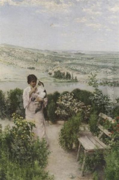 Frau Mit Katze In Fruhlingshafter Landschaft Bei Toledo. Weiter Blick In Die Landschaft Der Meseta Mit Dem Hochwasser Fuhrenden Tajo Oil Painting by Matias Moreno