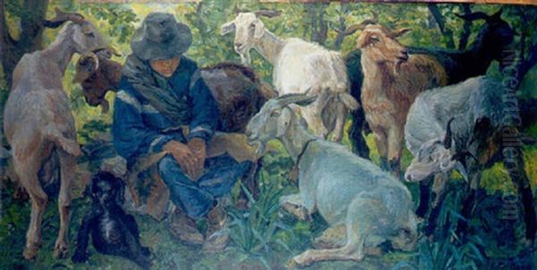 Nino Pastor Con Cabras Oil Painting by Rafael Moreno