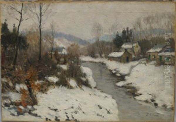 Mountain River Landscape With A Village In Winter Oil Painting by Jaime Morera i Galicia