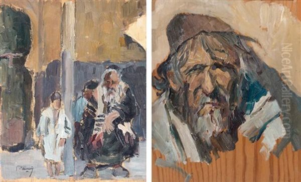 Sortie De Synagogue A Mazagan - Portrait De Caractere (2 Works) Oil Painting by Louis Morere