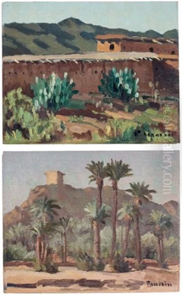 Le Fort De Gueliz Et Palmeraie - Kasbahs Et Jardins A Ait-ischak (2 Works) Oil Painting by Louis Morere