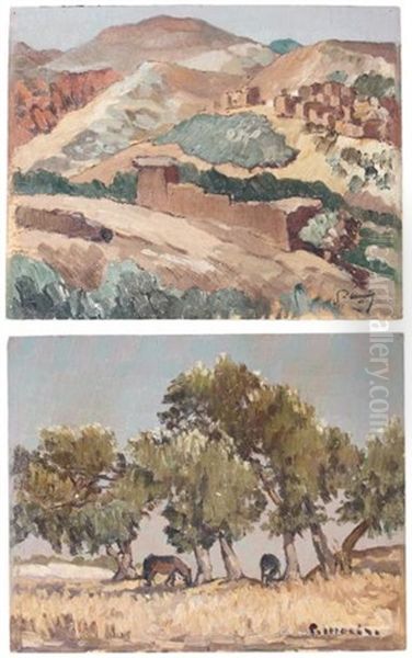 Le Village De Tahanaout - Chevaux Sous Les Oliviers (2 Works) Oil Painting by Louis Morere