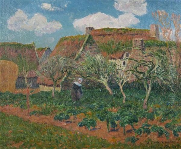 Bretonnes Jardinant Pres Des Chaumieres Oil Painting by Henry Moret