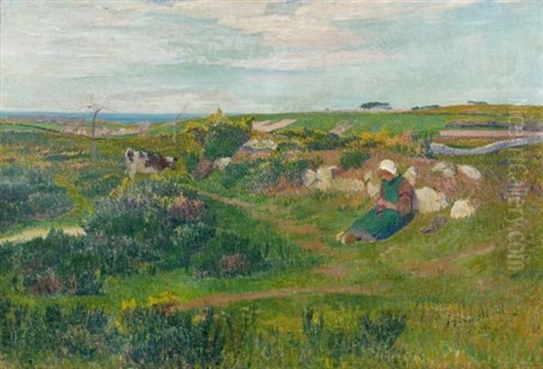 Bretonne Tricotant Oil Painting by Henry Moret