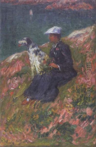 Femme Assise Au Setter Devant La Mer Oil Painting by Henry Moret