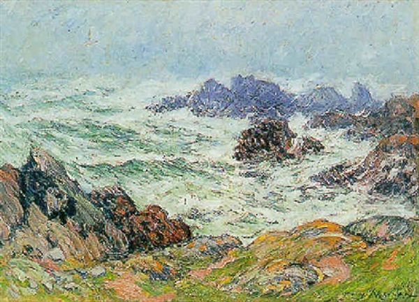 Vagues Sur Les Rochers, Bretagne Oil Painting by Henry Moret