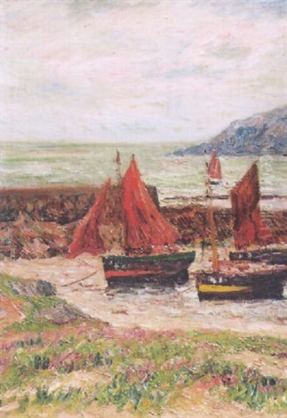 Barques Au Sec Sechant Leurs Voiles Rouges Oil Painting by Henry Moret